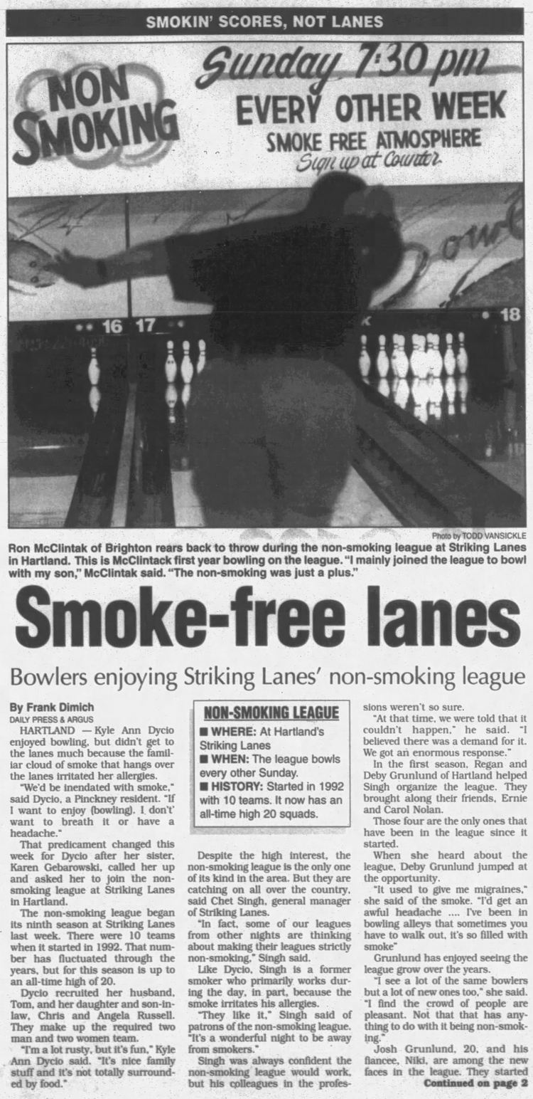 Striking Lanes -  Sept 2001 Article On Non-Smoking Leagues